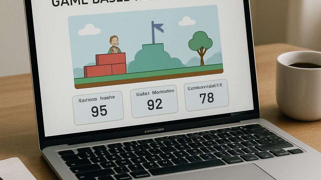 Laptop showing LLM Reasoning Benchmark game-based test results on desk
