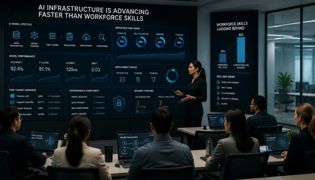 Employees learning enterprise AI deployment and AI workstation training