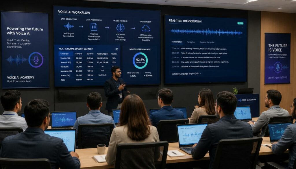 Teams learning Voice AI training and speech recognition AI systems in enterprise environment