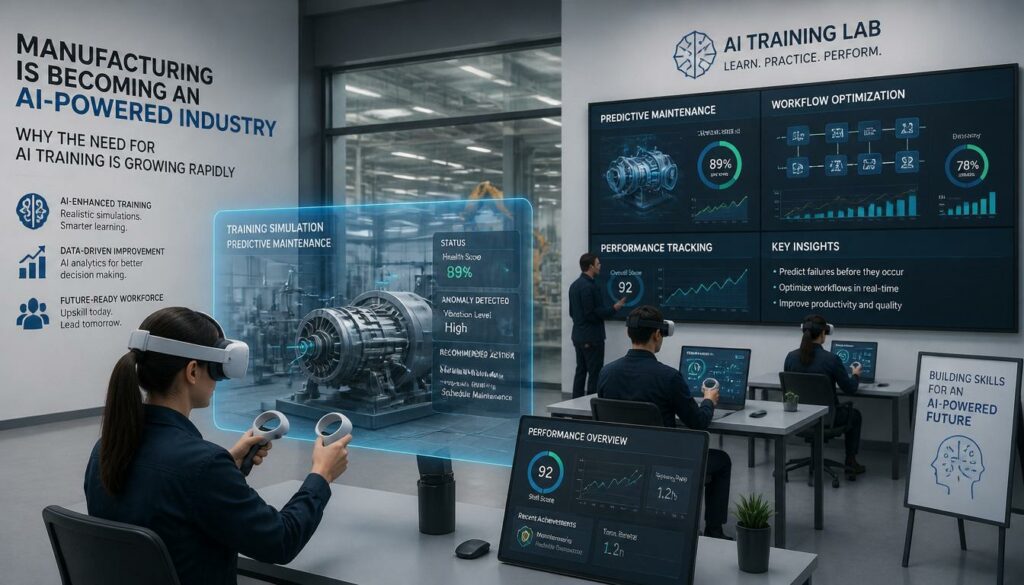 Employees learning AI-powered VR manufacturing training in a simulated environment