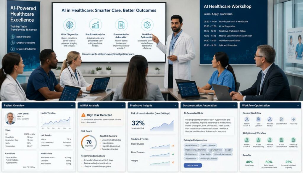 Healthcare professionals participating in AI healthcare training and medical AI system education
