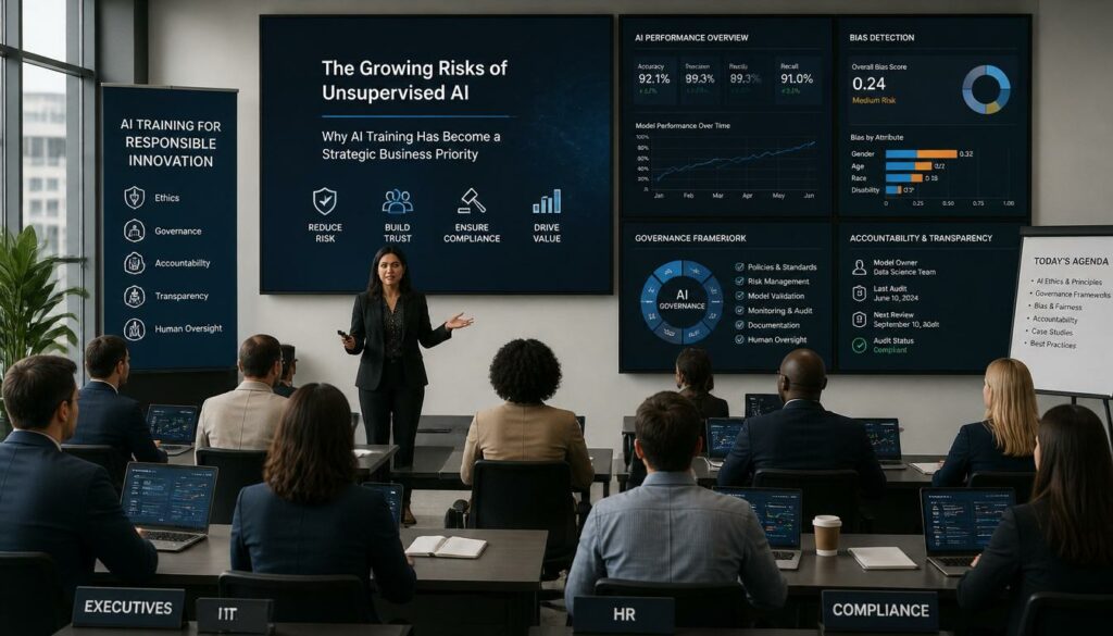 Employees learning responsible AI practices and governance in a corporate training session
