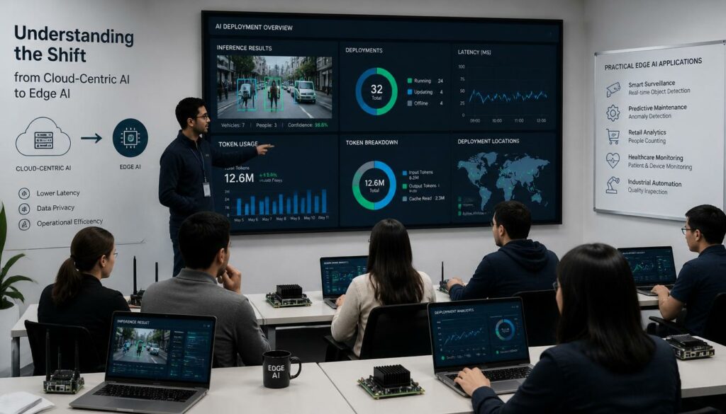 Employees learning Edge AI deployment and tokenomics in practical AI training programs