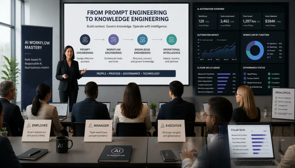 Employees learning AI workflows and Claude Skills in structured training programs