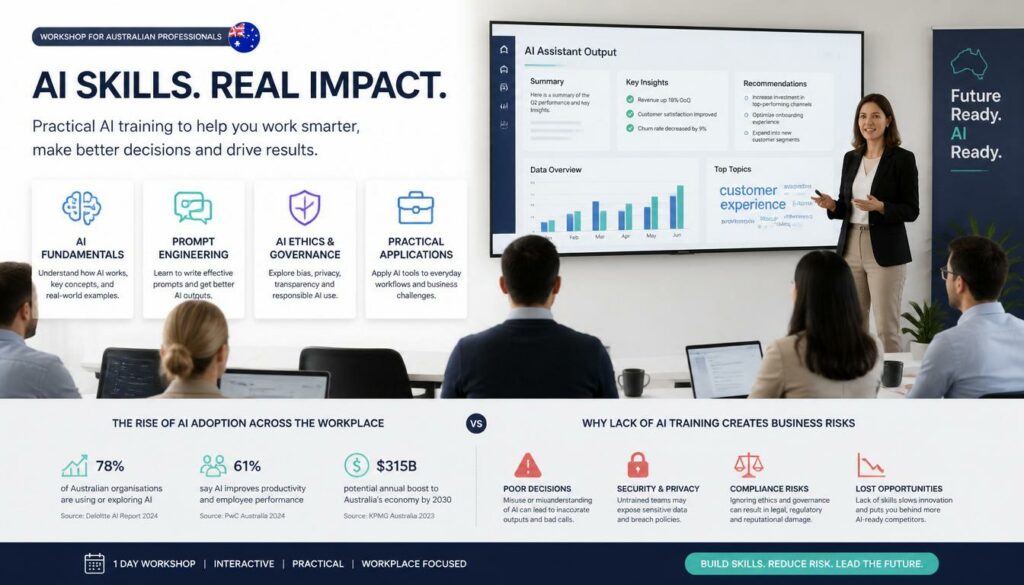Professionals learning AI skills and responsible usage in an Australian workplace