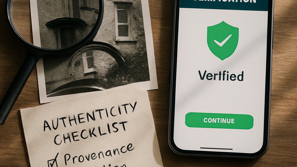 Verification tools for AI Image Authenticity on a desk with checklist