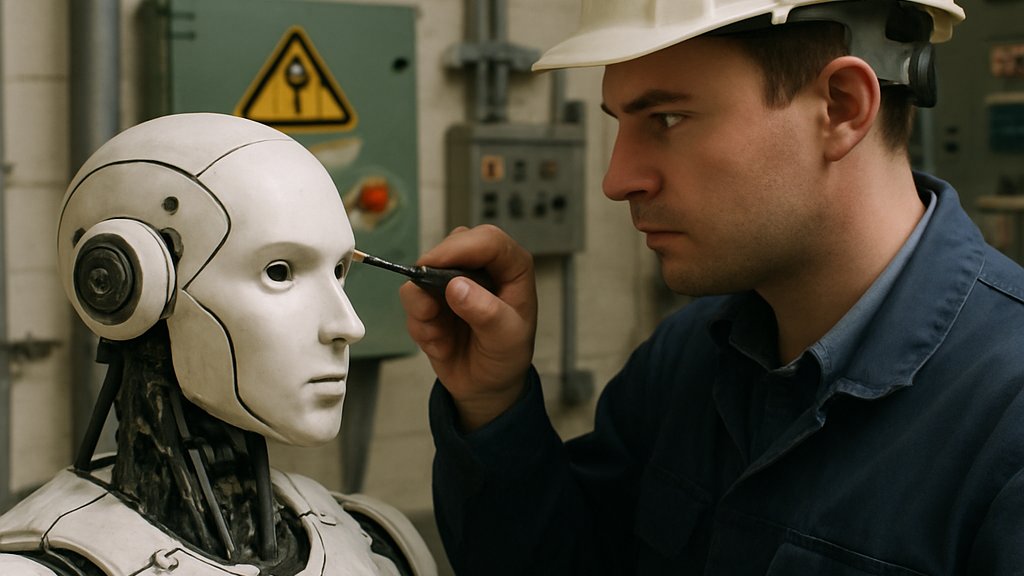 Technician inspecting Semi Humanoid Robots during factory testing and certification