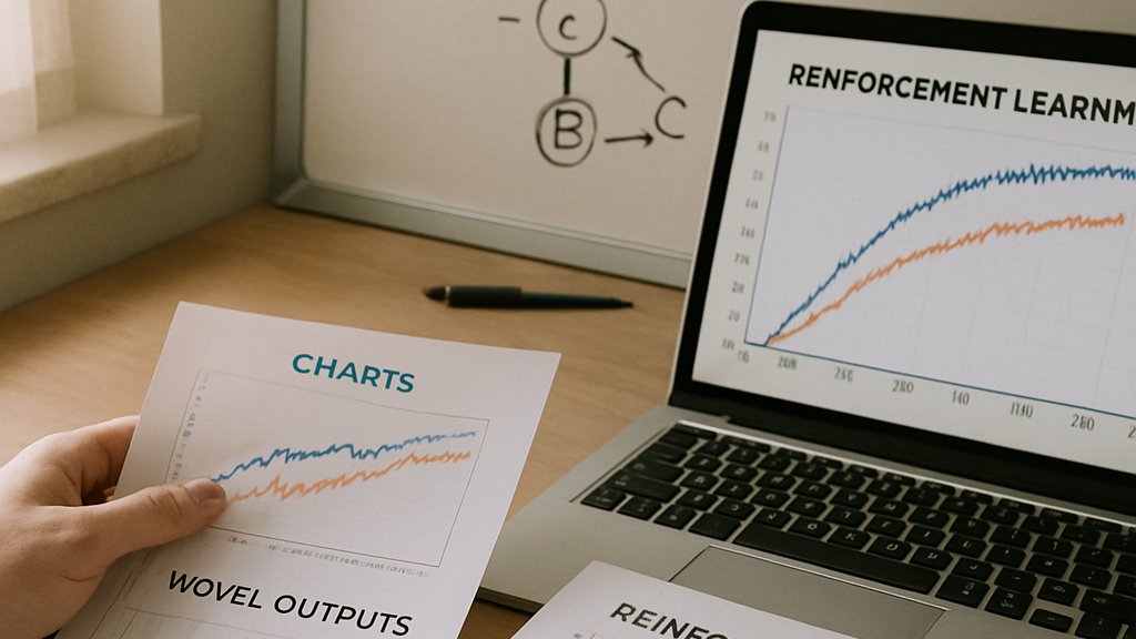 Online Reinforcement Learning research review with charts and laptop