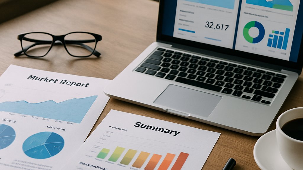 Market reports and dashboard on desk showing AI Market Competition trends