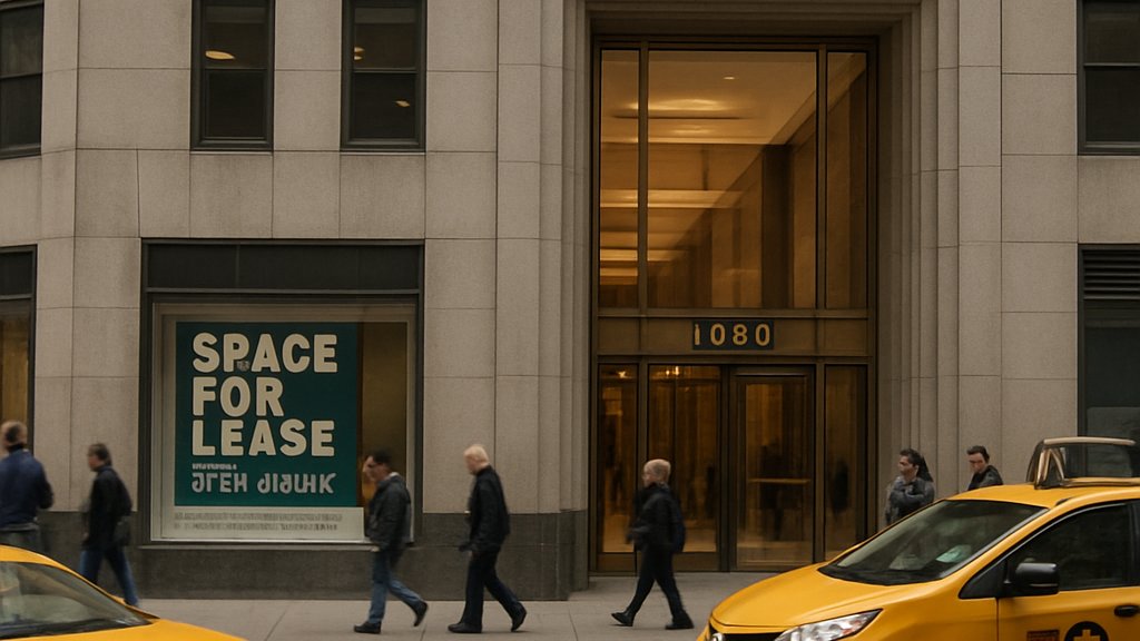 Midtown Manhattan office building with AI Real Estate leasing signs and city traffic