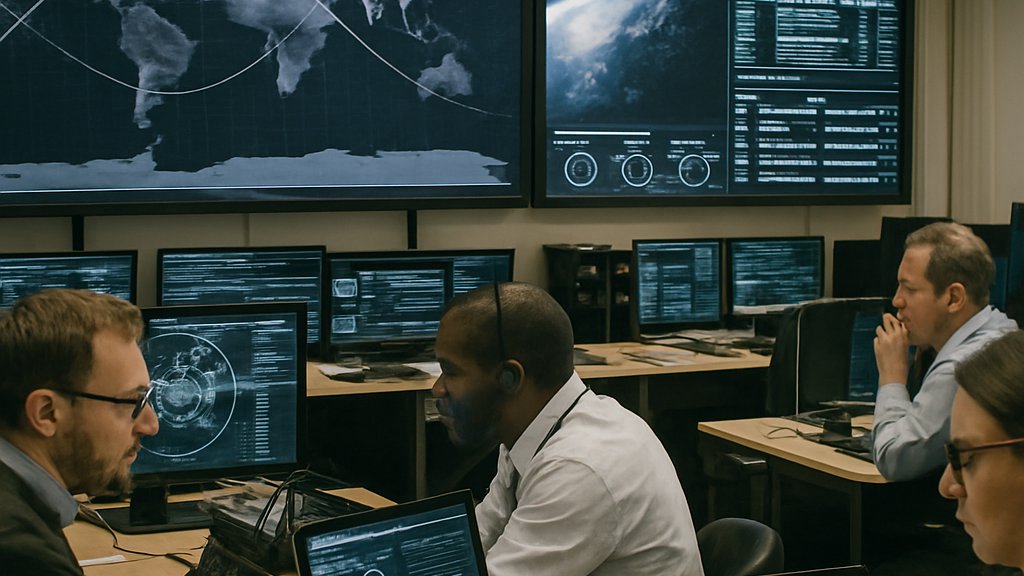 Autonomous Space Systems engineers monitoring satellite operations in mission control