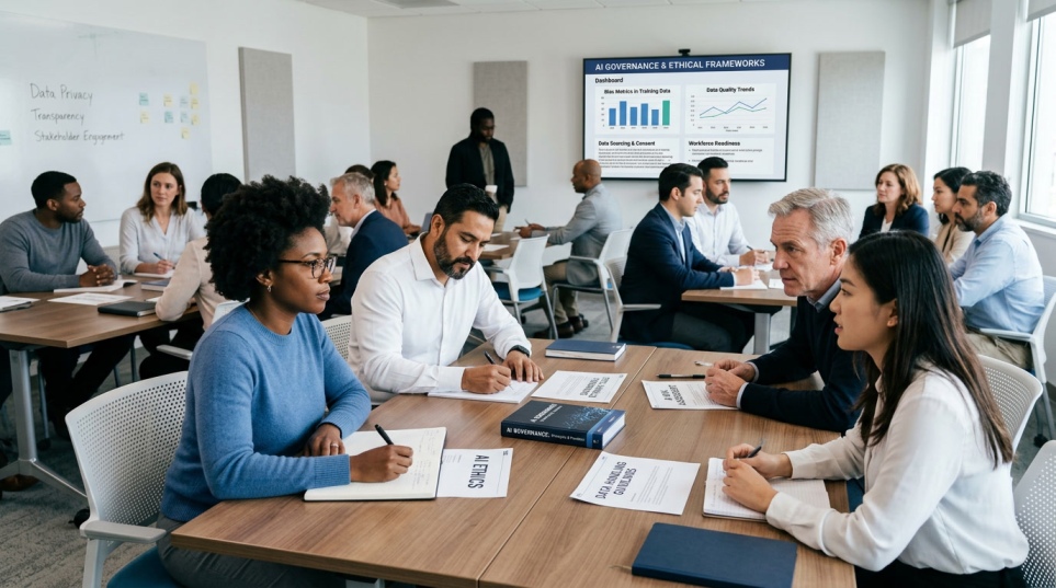 Employees learning AI governance and ethical practices in AI training programs
