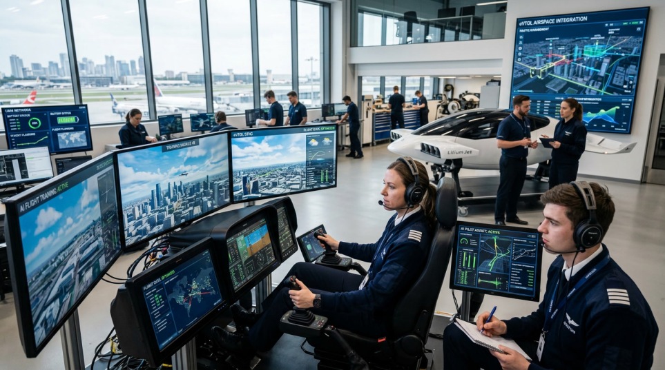 Aviation professionals training with AI-powered flight simulators and eVTOL systems