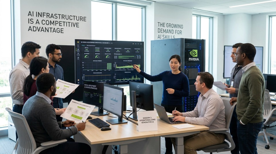Employees learning AI infrastructure and workforce skills through NVIDIA AI Training