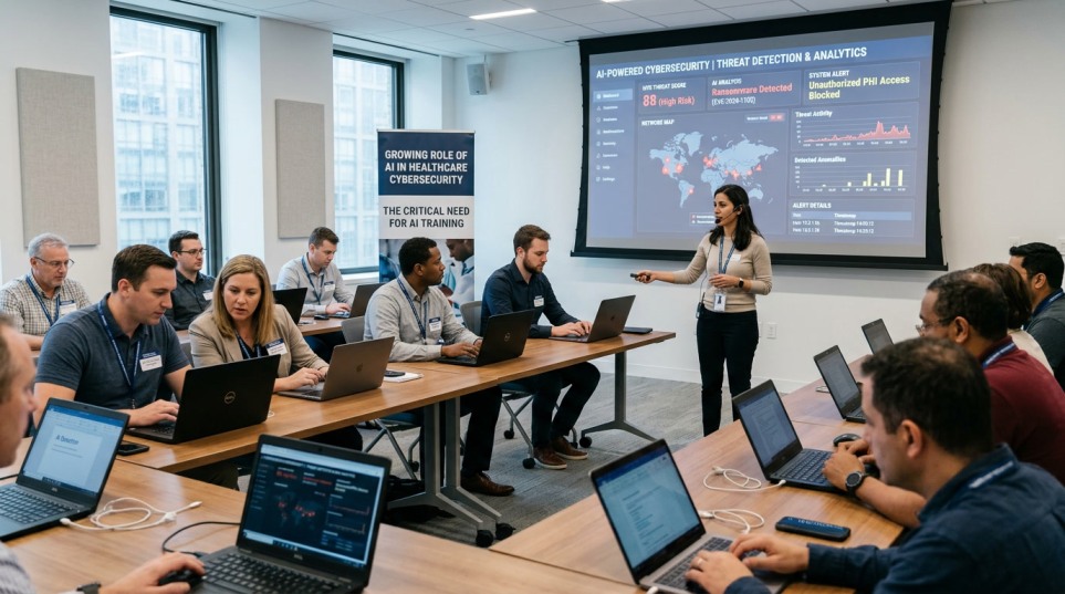 Healthcare professionals learning AI-powered threat detection and cybersecurity skills