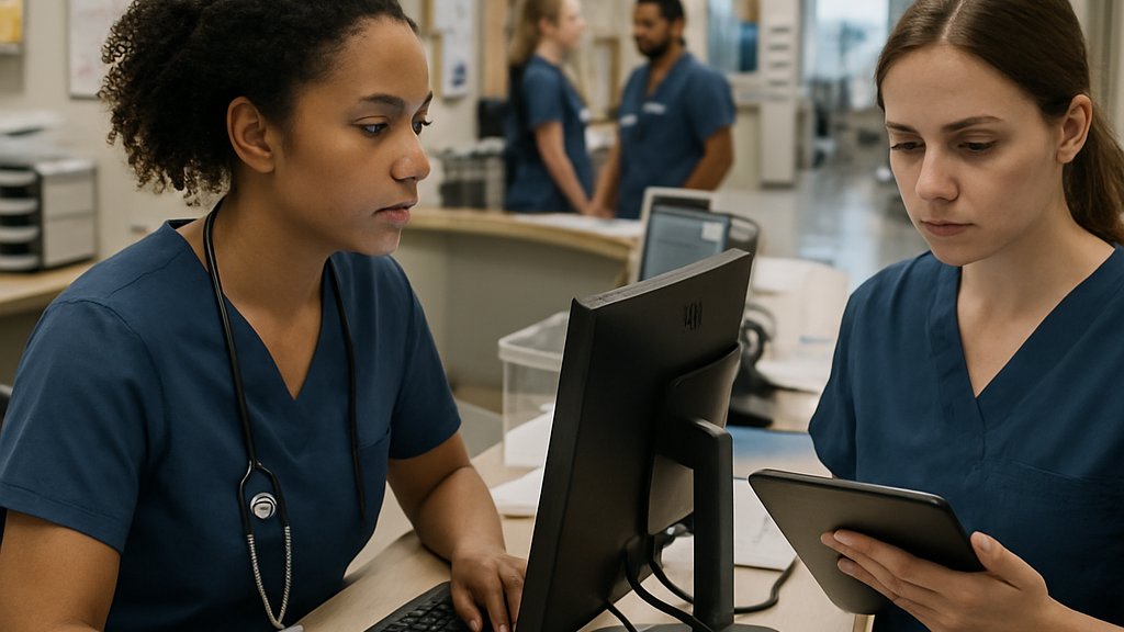 Healthcare Workflow AI helping nurses streamline tasks at a busy hospital workstation