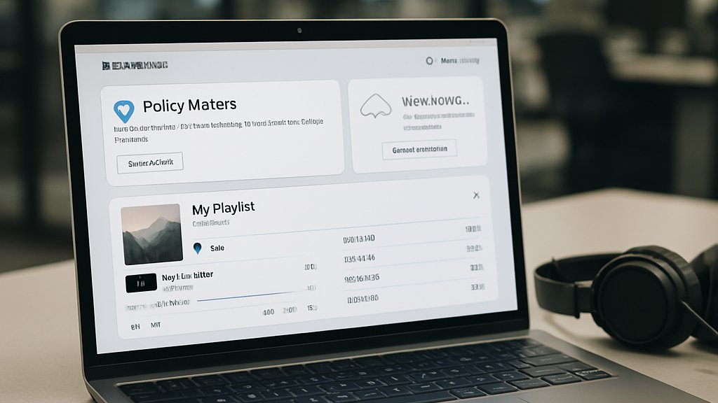 AI Music Rights platform rules and moderation dashboard on a laptop screen