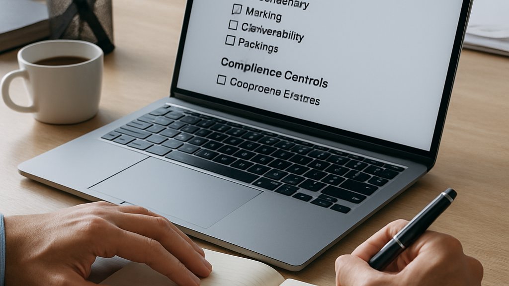 Security analyst documenting AI Safety Controls policy checklist on laptop