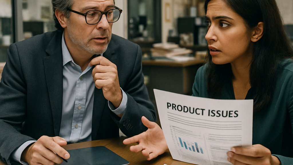 Professionals discussing AI Return Investment and product bugs in a conference room