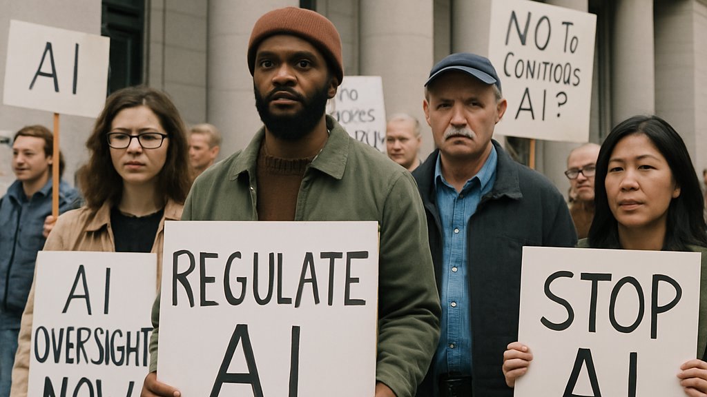 Anti AI Movement supporters rally for stronger AI oversight in public