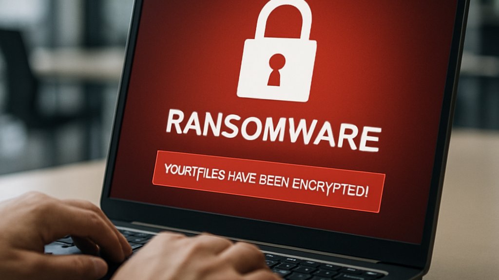 Laptop warning screen for AI Powered Ransomware in an enterprise office