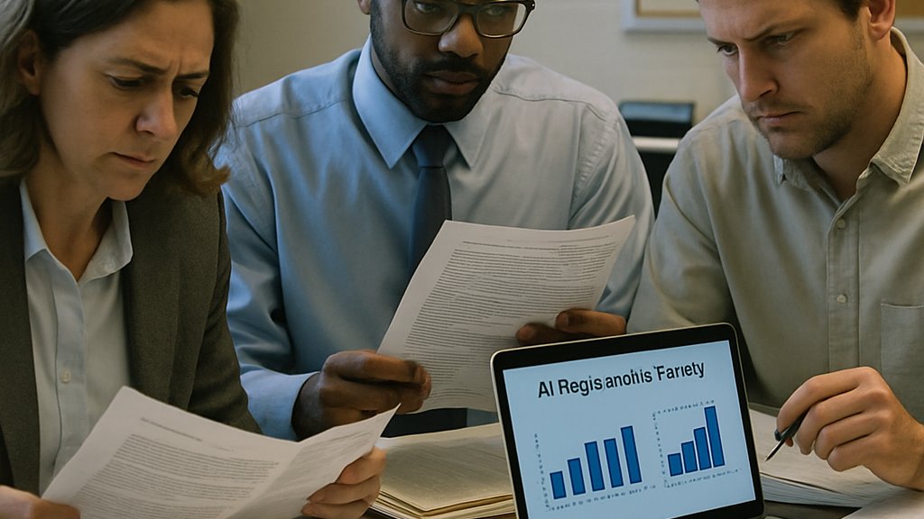 Policy staff reviewing AI Governance Challenges reports and regulations