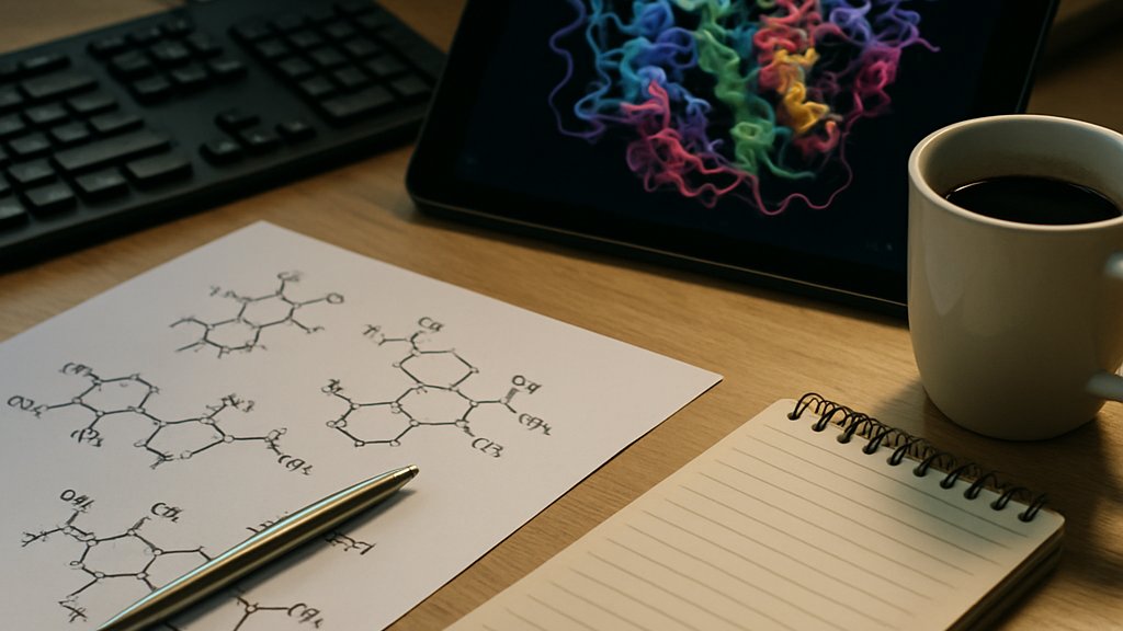 Biotech AI Agents accelerating drug discovery on a researcher desk