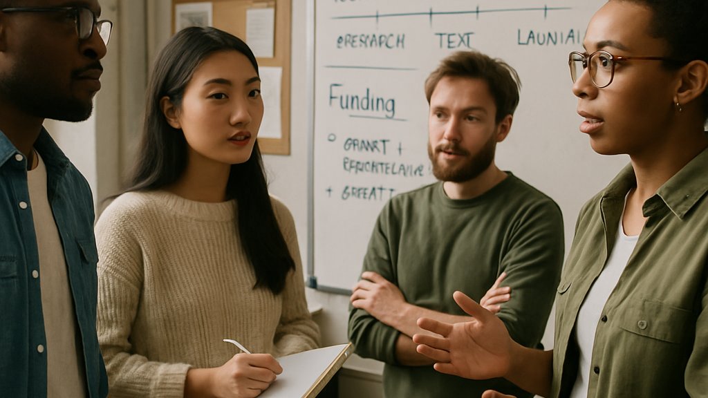 Quantum AI Policy researchers discussing funding controls in a startup lab