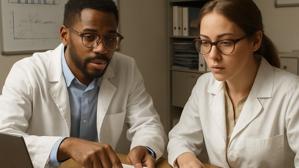 Healthcare Research AI team discussing immunology results in a clinical office