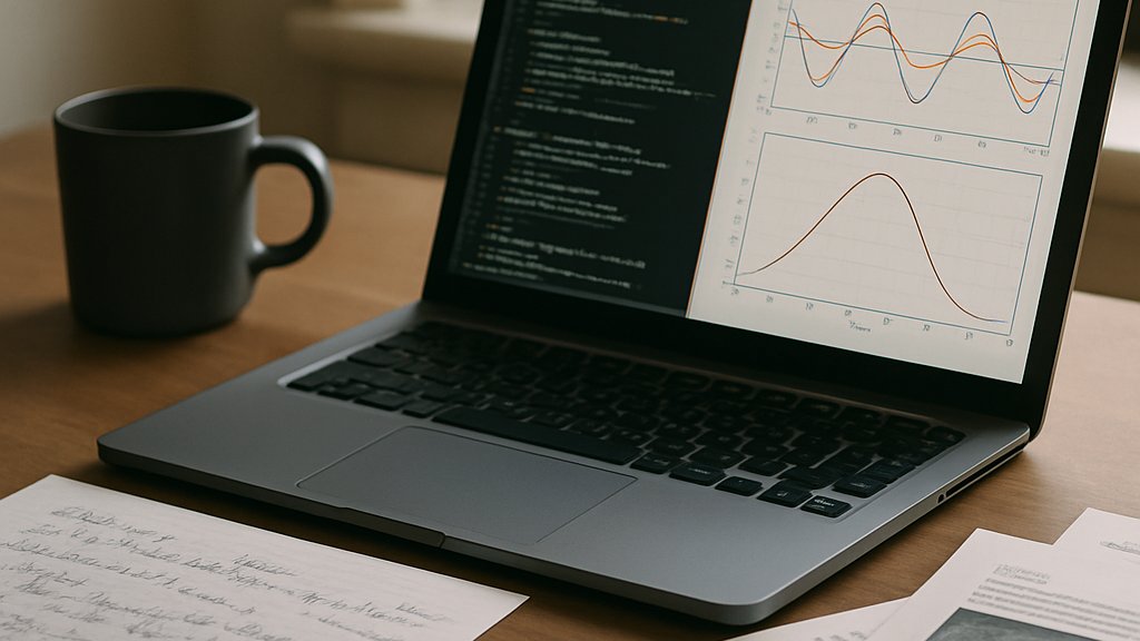 AI Scientific Research workflow with code and black-hole simulation graphs on a desk