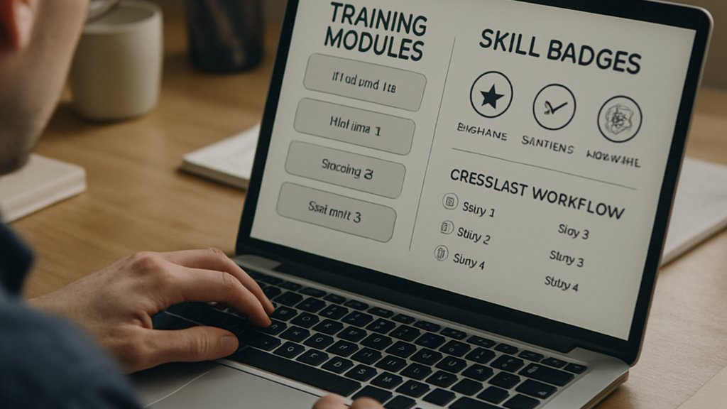 Laptop workspace showing AI Workforce Training and practical reskilling steps