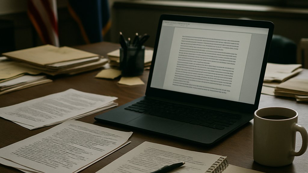 Frontier Model Vetting paperwork in a federal office with AI review notes