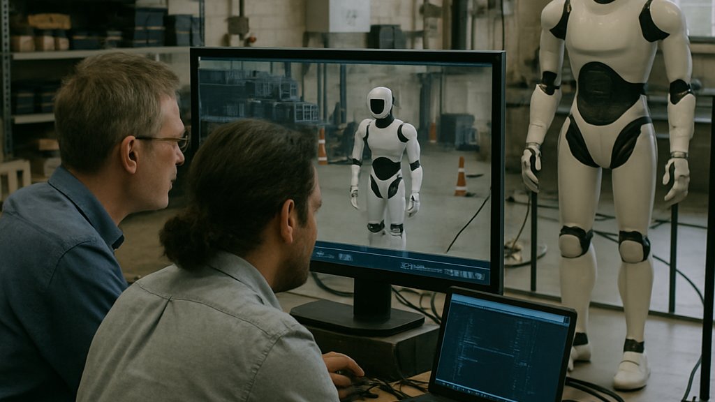 Humanoid Robot Teleoperation engineers reviewing data in a robotics lab