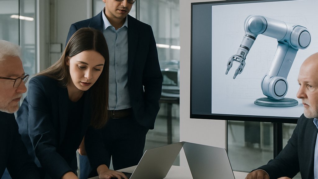 Factory Robotics Funding investors and engineers reviewing robotics plans