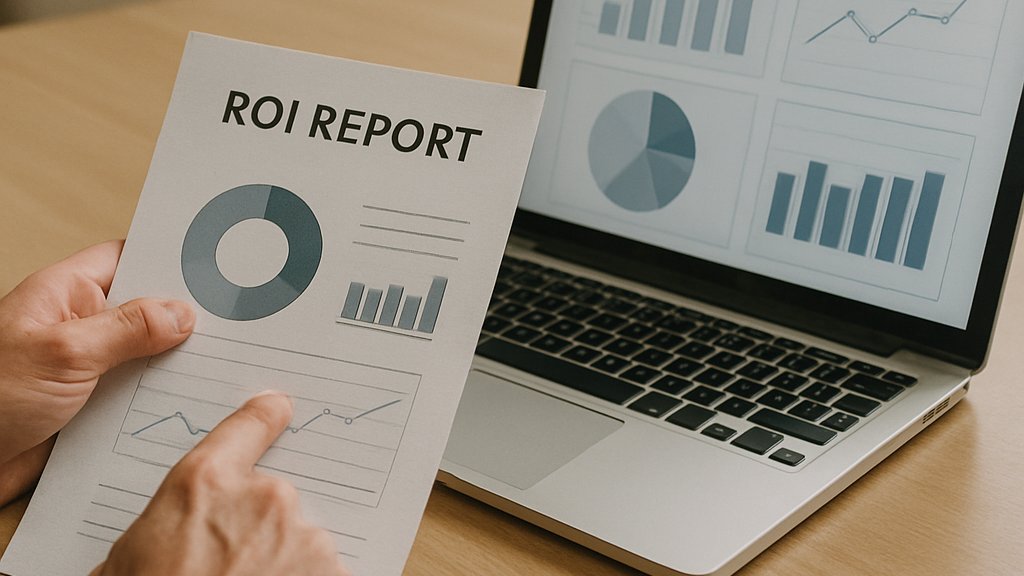 Business analyst presenting Enterprise AI ROI report in a meeting