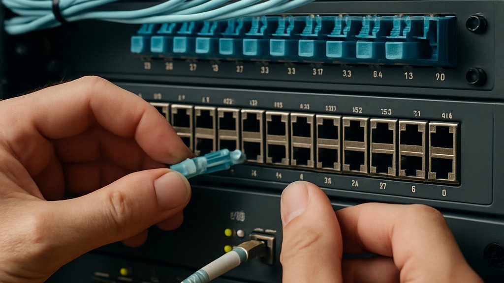 Quantum Network Security fiber patch panel with secure telecom hardware in a data center