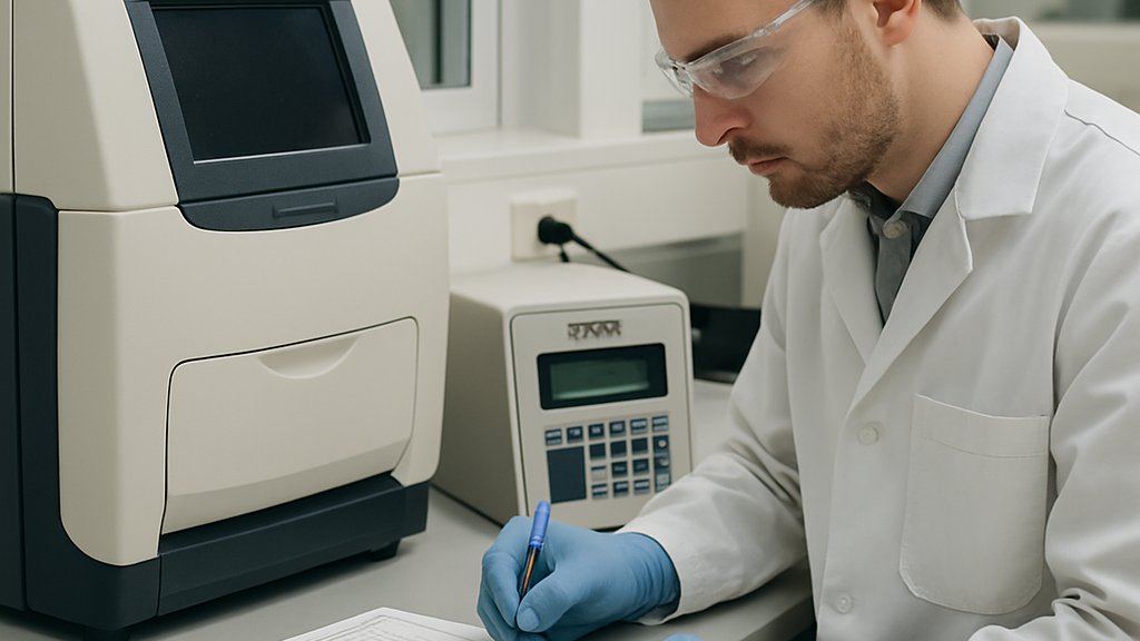 Lab technician monitoring AI Biosecurity Risks with DNA screening records