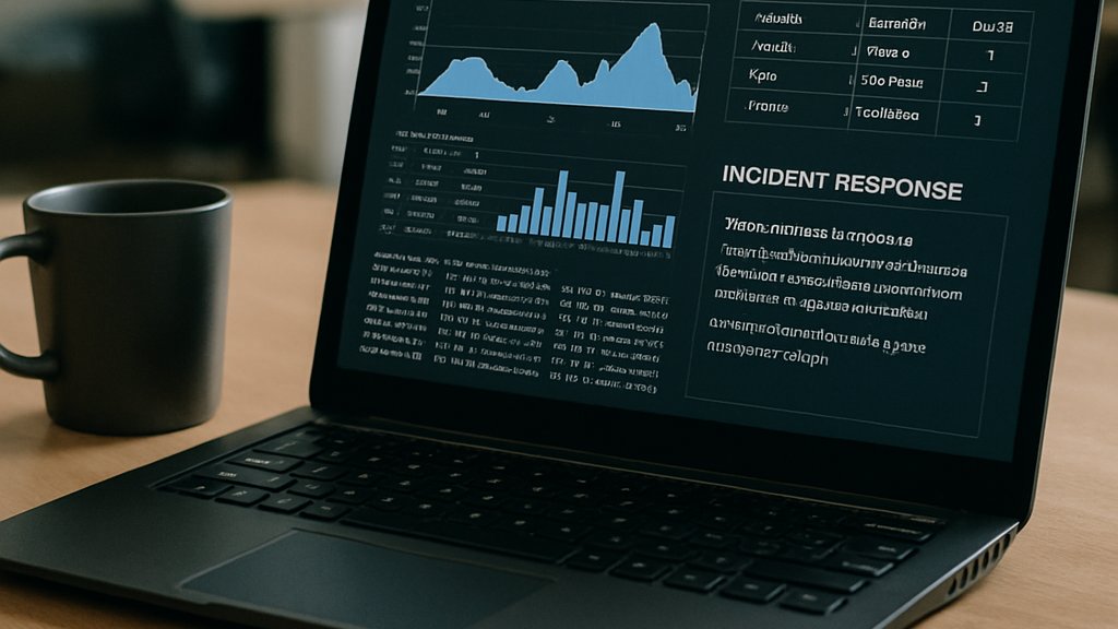AI Cyber Defense analyst reviewing security logs and alerts at a workstation