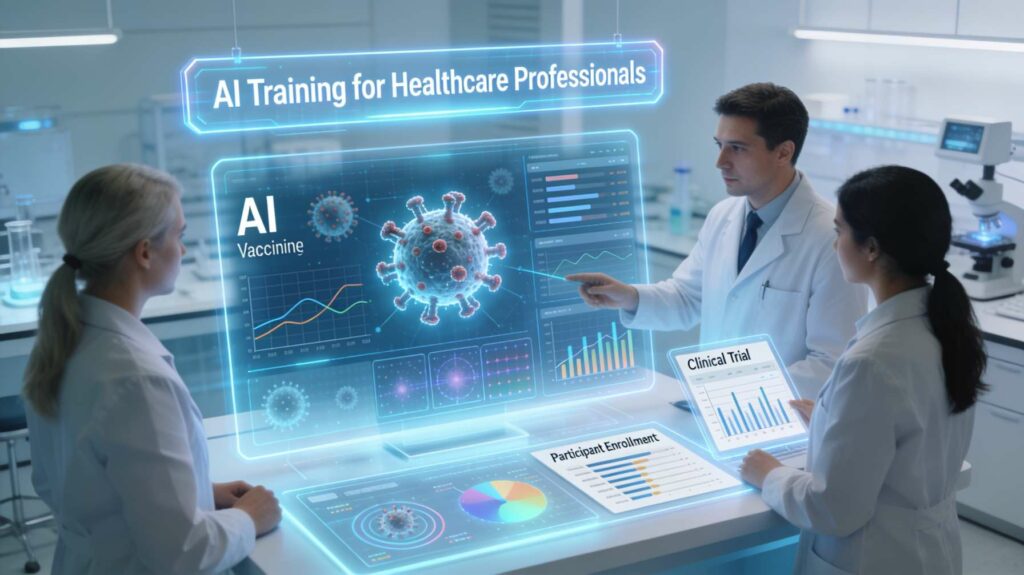 Healthcare professionals engaged in AI Training for Healthcare Professionals analyzing AI-designed vaccine data