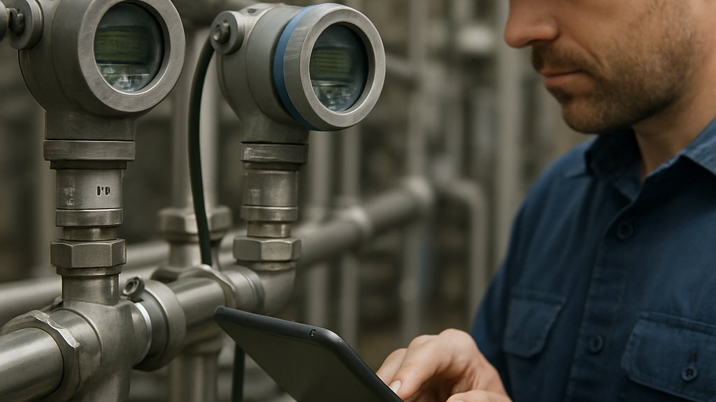Technician inspecting Industrial Process Monitoring sensors on a production line