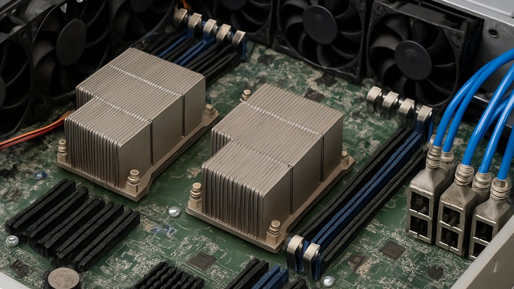 AI Data Servers hardware close-up showing cooling and networking components