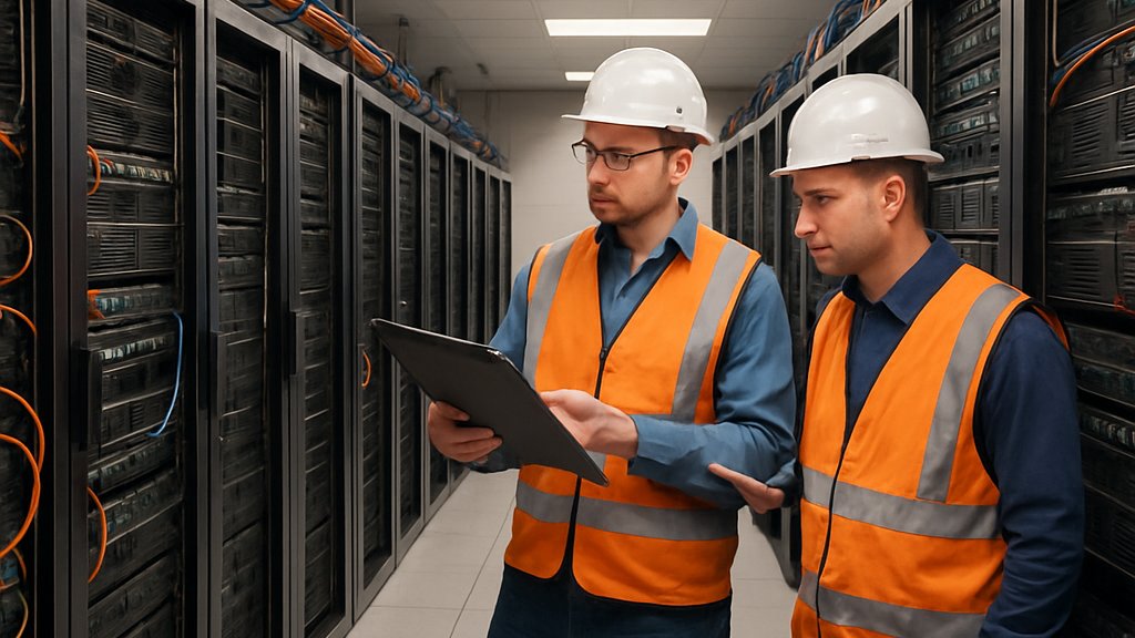 AI Data Center server room with engineers in a realistic tech facility