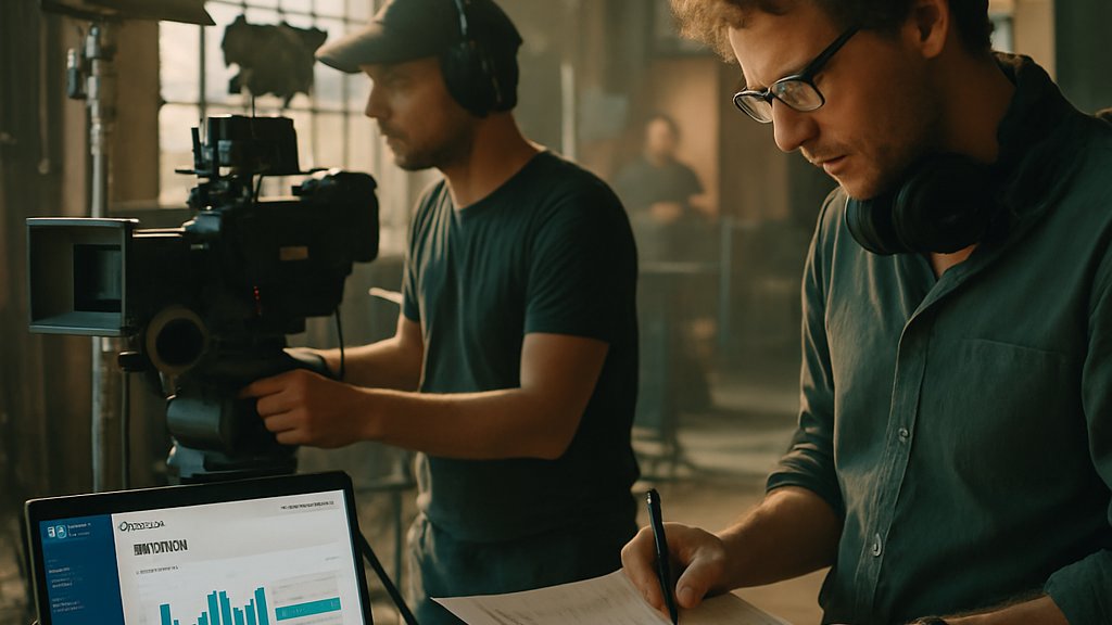 Hollywood AI Strategy on a film set with crew using digital tools and workflows
