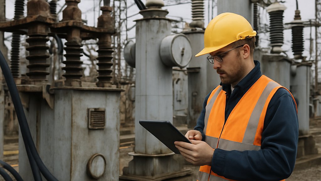 Utility Grid AI field technician at substation supporting energy network maintenance