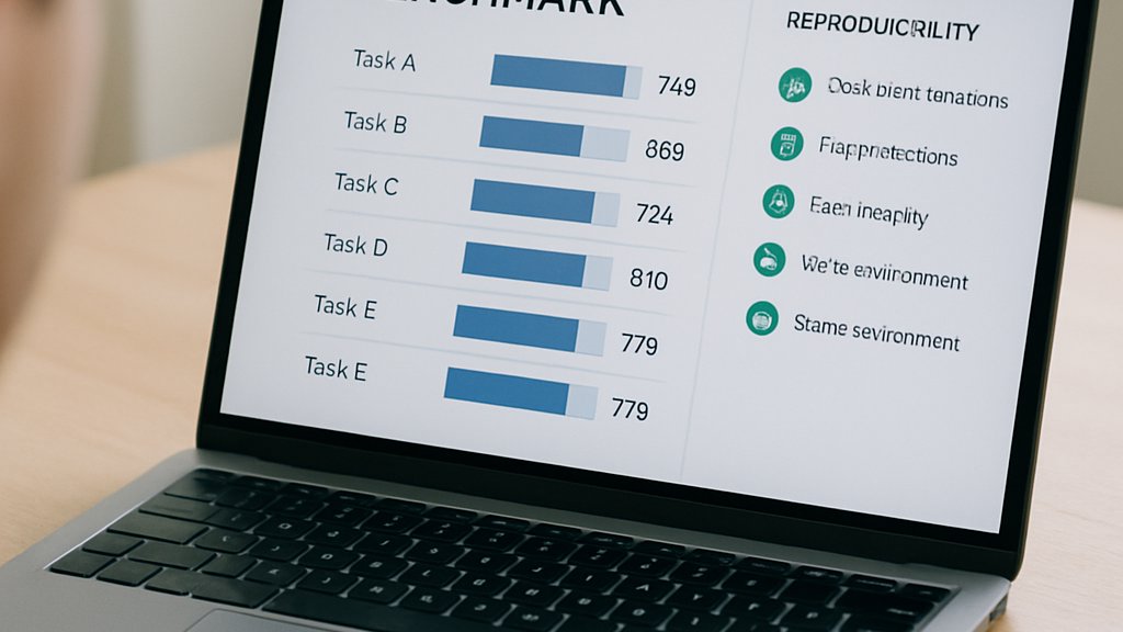 Laptop dashboard showing AI Model Benchmarks and task scores