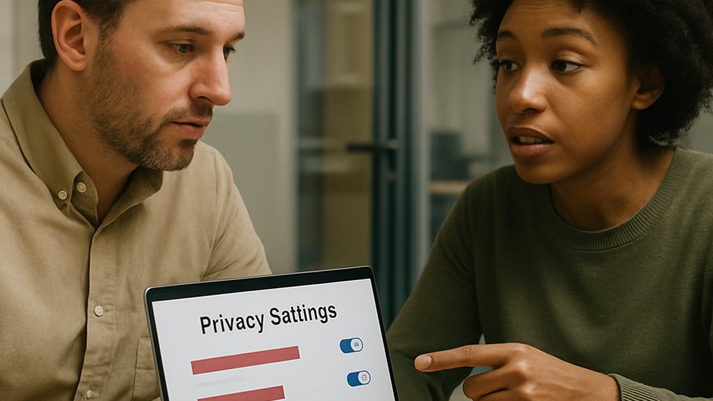 Team meeting discussing Biometric AI Privacy safeguards in a corporate office
