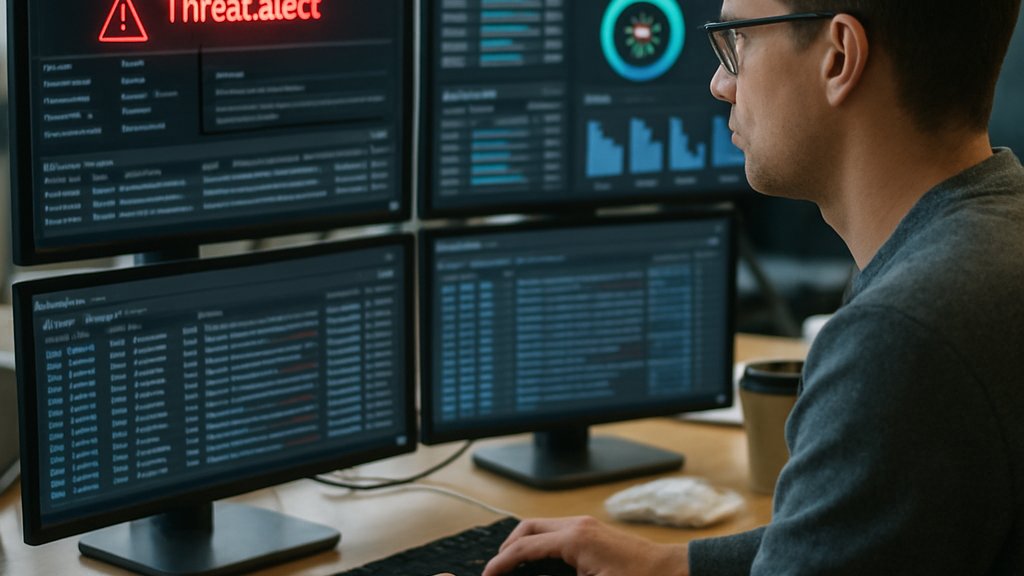 Security analyst monitoring AI Security Adoption and threat alerts on multiple screens