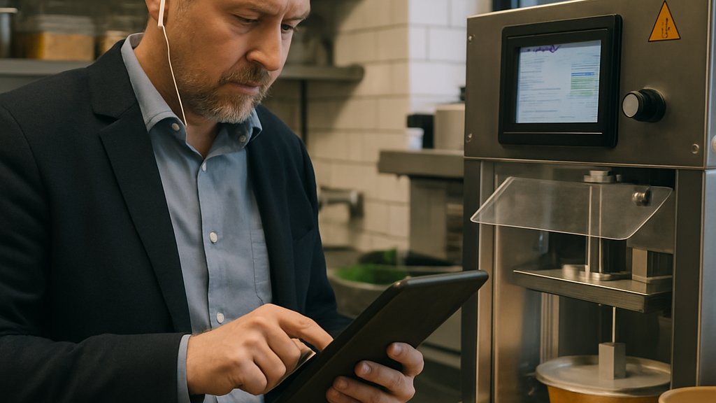 Food Service Robotics manager reviewing performance metrics in restaurant