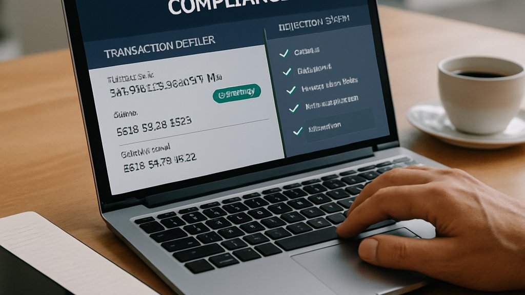 Agent Compliance Systems monitoring blockchain transaction compliance on laptop
