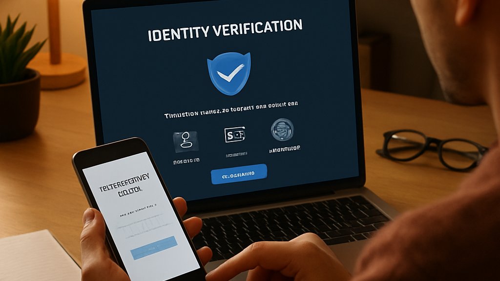 AI Identity Verification process on laptop and smartphone at home office